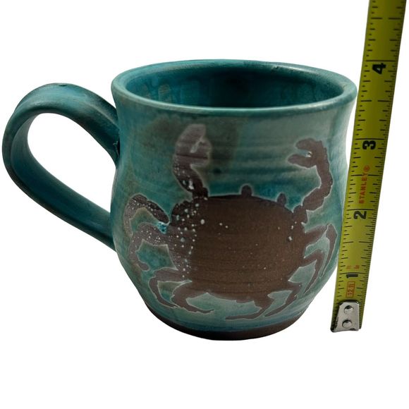 Handcrafted Coffee Tea Mug Blue Stoneware Crab Design Art Pottery Signed Decor - Picture 6 of 7
